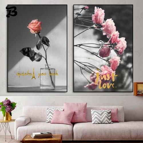 Flower Canvas Painting Pink Roses and Quaint Chinese Street Art Letters Canvas Posters Prints Wall Art for Home Room Decoration