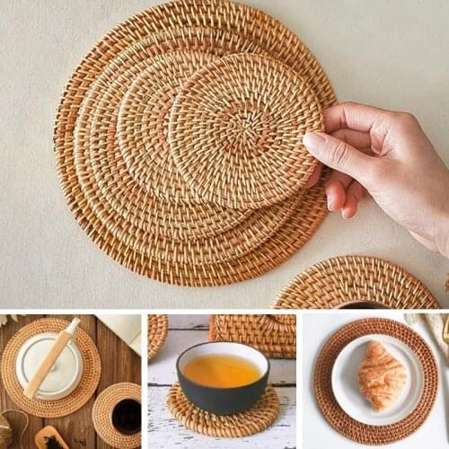 Cup Mat Round Natural Rattan Coasters Bowl Pad ,Hand Woven Hot Insulation Placemats Table Padding Kitchen Decoration Accessories