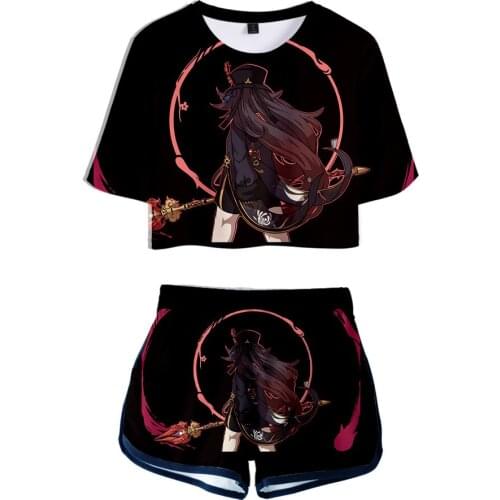 Hot Game Genshin Impact Hu Tao 3D Print Two Piece Sets Summer Women Girl T-shirt + Shorts Set Classic Hip Hop Regular Clothing