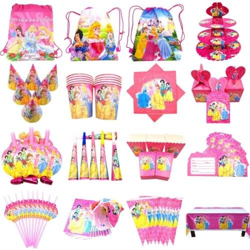 Disney Princess Theme Cartoon Party Set Balloons Tableware Plate Napkins Banner Birthday Candy Box Baby Shower Party Decoration