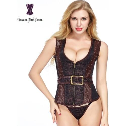 Shoulder Straps Dark Brown Womens Steampunk Clothing Front Zipper Waistcoat Faux Leather Corset Vest With Buckles 830