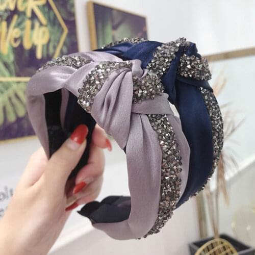 Wide Brimmed Hair Hoop Cloth Hairband Solid Cross Knotted Headbands Bezel Rhinestone Crystal Head Hoop Women Hair Accessories