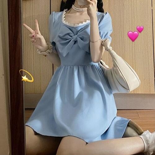 French Elegant Sweet Blue Women Dress 2021 Spring Summer A- Line Square Collar Puff Sleeve Bow Petal Sleeve Lidy Dress Vestidos