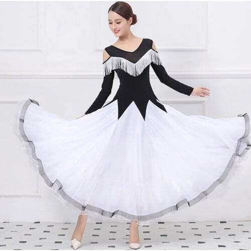 Customized New High quality White Ballroom Dance Dresses long sleeve Tassel dance dress women Waltz Tango modern dance customes