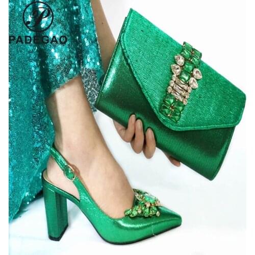 Leisure Italian Women Party Shoes Matching Bag Set Decorate with Rhinestone in Green African Wedding Shoes and Bag Set