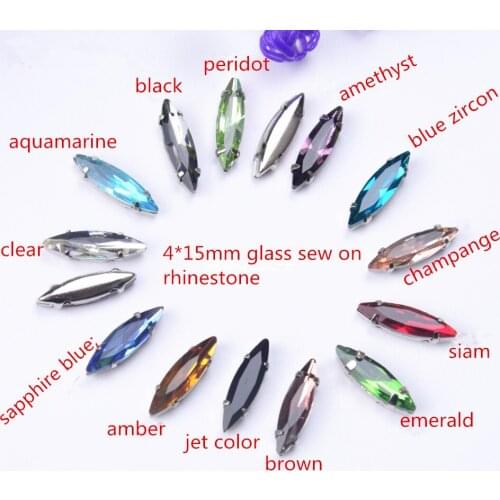 Sew On beads 4*15mm 25Pcs/Lot long marquise Crystal Fancy Stone with brass Claw Setting 4 holes defferent color