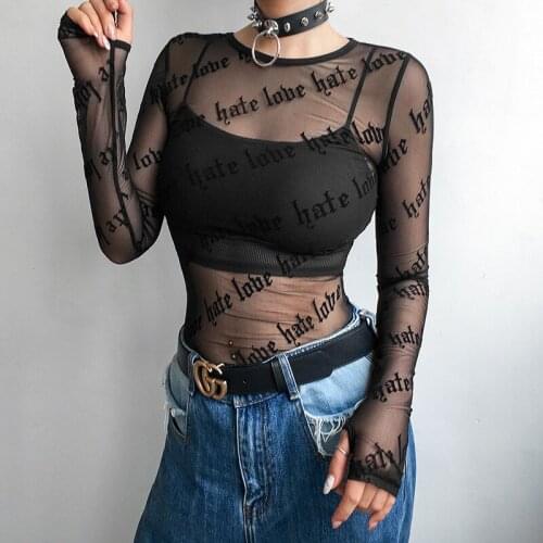 Sexy Women Mesh T-Shirts See-Through Perspective Tshirt Letter Printed O Neck Transparent Long Sleeve T Shirt Tops Women Goth