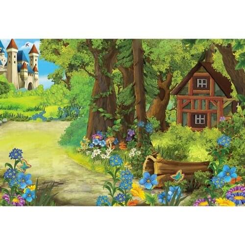 Fairy Tale World Photography Background Colourful Flowers Castle And Wooden House Trees Blue Sky Backdrop For Baby Shower Photo