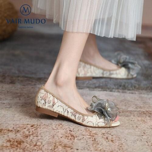 VAIR MUDO Women Pumps Shoes Lazy Mary Janes Lace Peep Toe Soft Comfortable Elegant Shoes Solid Casual Butterfly-Knot Shoes D212L