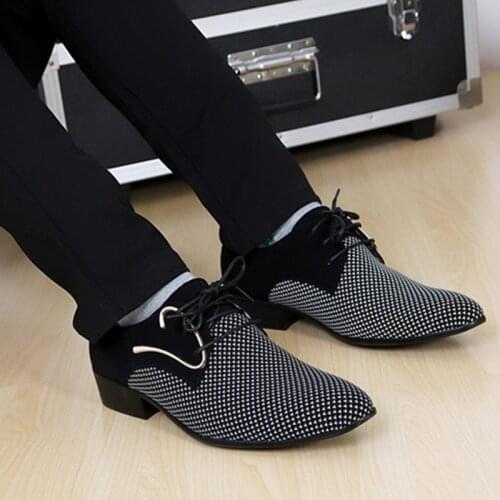 Pop Mens Leather Concise Shoes Mens Business Dress Pointy Plaid Black Shoes Breathable Formal Wedding Basic Shoes Men Loafers