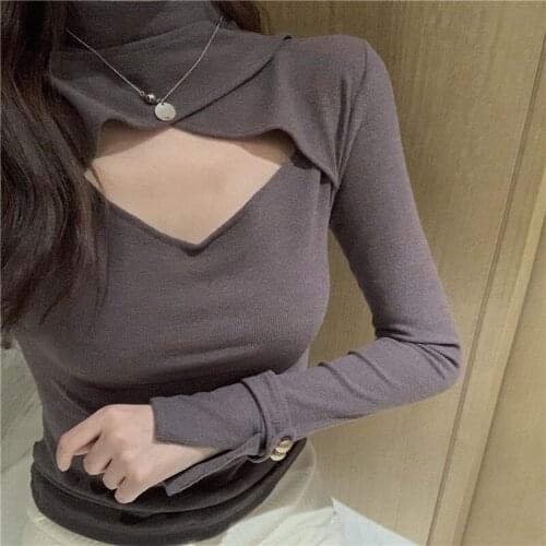 Women Bare Chest Nightclub Party Fashion T-shirt Ladies Sexy Pullover Slim Patchwork Turtleneck Tees Hollow Out Tops Mujer