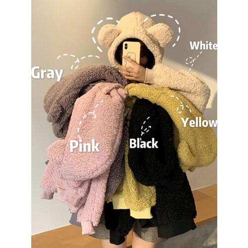 Lamb Hoodies Women Pullover Hooded Winter New Plush Sweet Cute Bear Ear Clothes Solid Soft Warm Thick Top Clothes