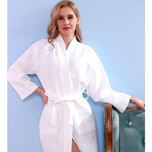 100% Cotton Kimono Robes for Women Plus Size Dressing Gown Femme Towel Bathrobe Bridesmaid Long Waffle Bath Robe Men Sleepwear