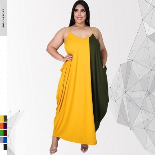 Plus Size Women Elegant Clothing Round Neck Color Matching Pocket Irregular Sling Loose Casual Maxi Dress Wholesale Dropshipping