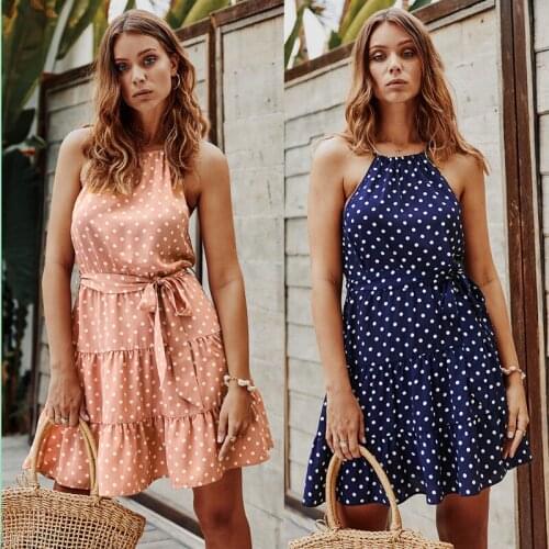 2021 New Summer Womens Casual Pink Sleeveless Polka Dot Ruffle Sling Workwear Dress