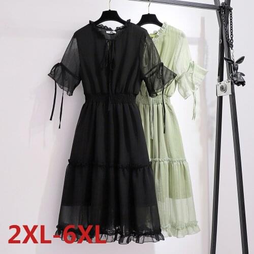 Big Size Dress Women Summer Large Size Short Sleeve Solid Wood Ear Cufft Long Plus Size Fat MM Women Chiffon Clothing Dress
