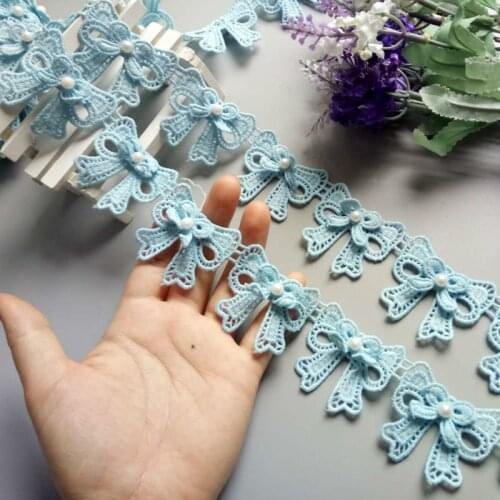 1 Yard 4.5cm Blue Bowknot Pearl Embroidered Lace Trim Ribbon Fabric Sewing Craft Patchwork Handmade For Costume Decoration Hot
