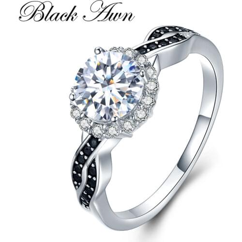[BLACK AWN] Fine Jewelry 2.3Ct 100% Genuine 3g 925 Sterling Silver Row Black Spinel Stone Engagement Rings for Women Bague C036