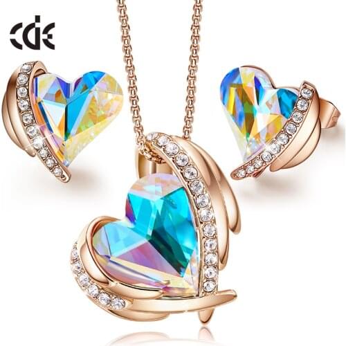 CDE Zircon Angel Wings Necklace Earrings with AB Color Heart Crystals from Swarovski Gemstones Jewelry Set for Women Wholesale