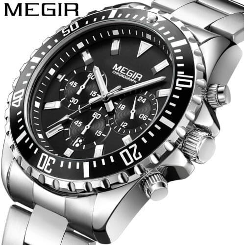 MEGIR Brand Business Mens Watch Multifunction Fashion Calendar Luminous Stainless Steel Strap Quartz Clock Reloj Hombre