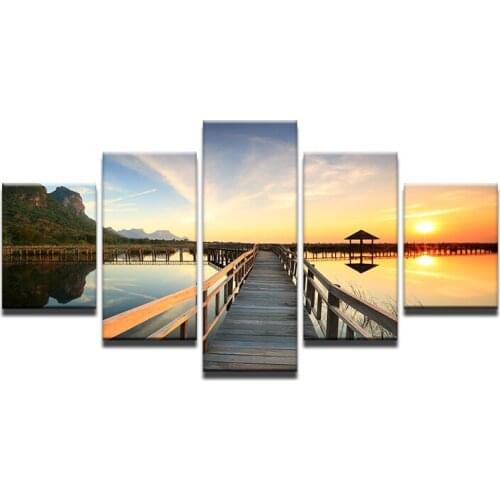 Home Decor Wall Art Canvas Pictures Living Room Poster Frame 5 Pieces Lake Sunset Sky Bridge Landscape Modern Painting