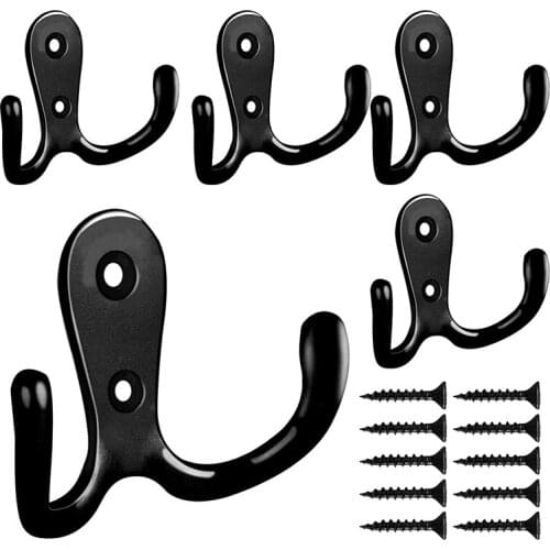 Double Prong Robe Hook with Screws, Dual Coat Hooks Wall Mounted Hanging Clothes for Bathroom Bedroom Door Wall