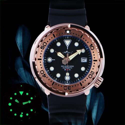 Heimdallr Tuna Automatic Watch Mechanical NH35A Sapphire Crystal Diver Watches 200m C3 Super Luminous Rose Gold Steel Wristwatch