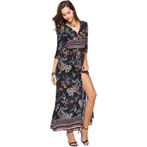 KL260 Creative Bohemian Maxi Dress Elegant Women Beach Dresses Split Deep V Sexy Long Dress Vestido With Print