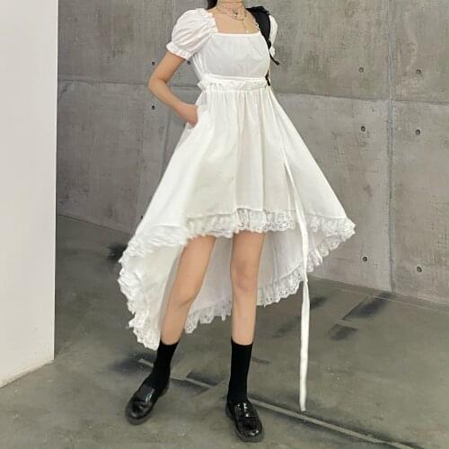 Korean Elegant Women Dress Square Collar Vintage Puff Sleeve Irregular Dress High Waist A-Line Pocket Sweet Lace Splice Dress