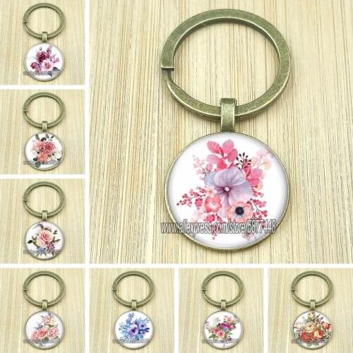 Beautiful Peony Flower Women Bronze Keychain Fashion Mixed Flower Rose Glass Key Ring Chrysanthemum Key Holder for Women
