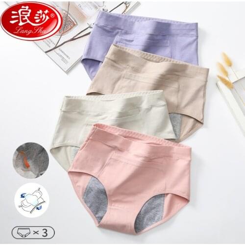 LANGSHA 3Pieces Menstrual Period Panties Women Underwear Cotton Lady High Waist Widen Leak Proof Physiological Pants Girs Briefs