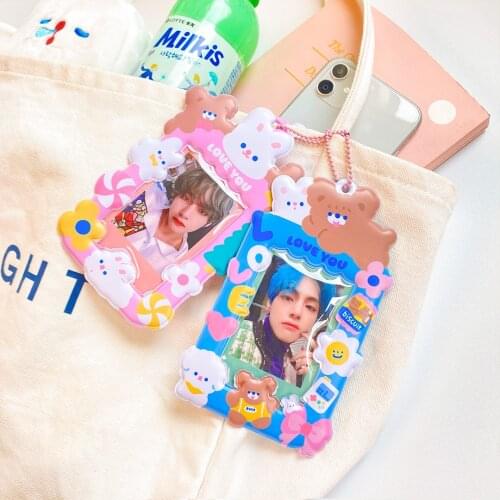 Kawaii Bear Korean Pop Photocards Card Holder with Chain Protector Idol Photo Child Bus Card Cover Case School Cute Stationery