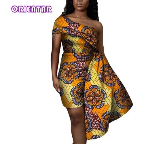 Fashion Women African Dress One Shoulder Frican Print Ankara Dresses with Tail Lady Party Wedding Bazin Riche Dress WY7991