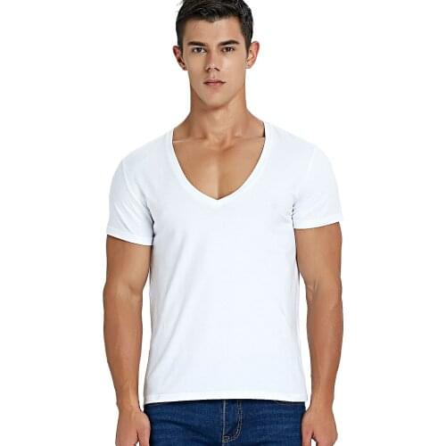 Deep V Neck T Shirt for Men Low Cut Scoop Neck Top Tees Drop Tail Short Sleeve Male Cotton Casual Style