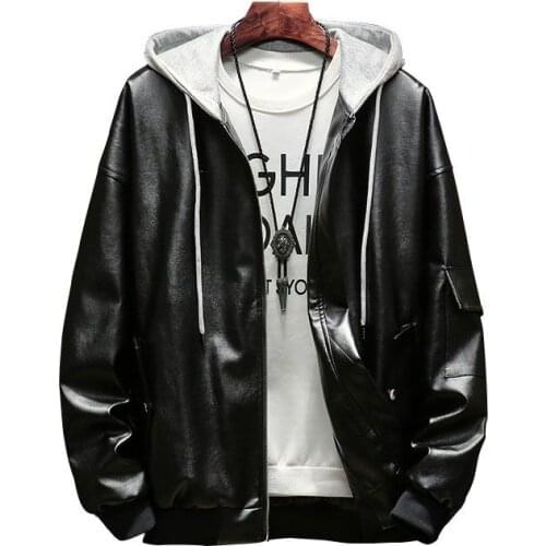 2020 New Mens Casual Leather Jacket Hooded Fashionable Men PU Leather Jacket Male Warm Windbreaker Motorcycle Jacket