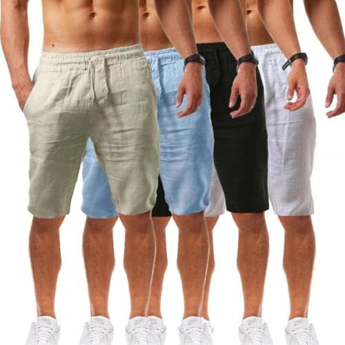 Spring and Summer New Mens Leisure Sports Cotton and Linen Solid Color Comfortable Breathable Five Point Jogging Shorts
