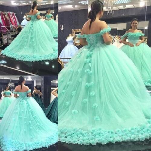 Mint Ball Gown Quinceanera Dresses 3D Hand Made Flowers Off Shoulder Sweet 16 Plus Size Princess Tulle Masquerade Prom Vestidos