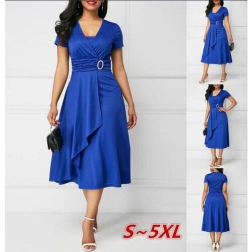Summer Spring Vintage Dress Women V Neck Short Sleeve Solid Dresses Sexy Asymmetric Hem V Neck Women Long Dress Plus Size S-5XL