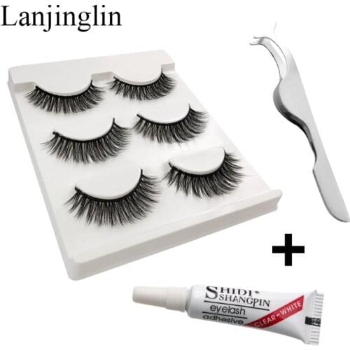False Eyelashes 3 Pairs Soft 3D Mink Lashes Natural Fake Lashes with Glue/Eyelashes Tweezers Makeup Set Extension Lashes Kit