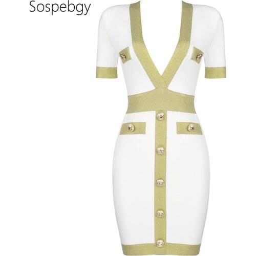 2020 Autumn And Winter New Short-sleeved V-neck Button Fake Pocket Design Stitching Sexy Slim Slimming Mini Bandage Dresses