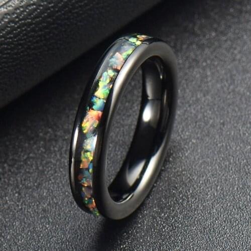 New Arrival 6mm Width Black Stainleess Steel Wedding Rings for Woman Man inlay Colorful Opal Size 6-13