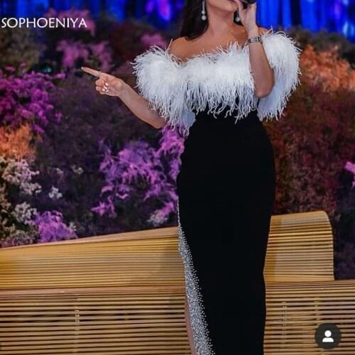 New Arrival Black Dubai Arabic evening dresses women Party night Silver Beading with Feathers Evening gown abendkleider 2021