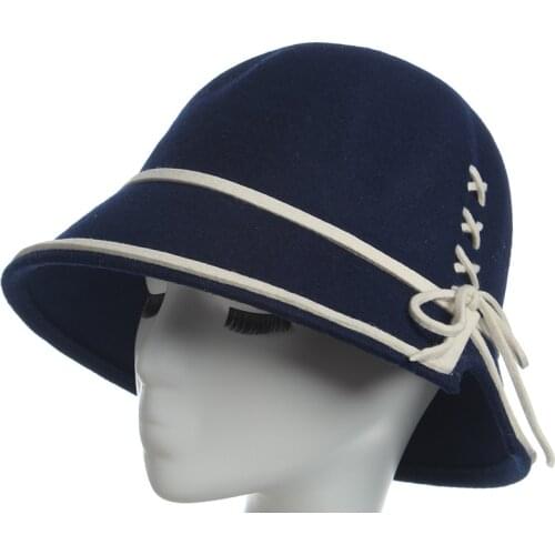 New Fashion Warm 100% Wool Hats Solid Color Brim Women Felt Cloche Fedora Hat Lady Bowler Classical Bucket Church Hat ZZ-341