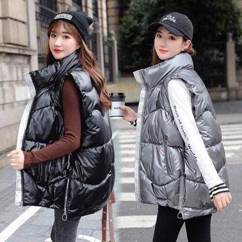 Autumn Winter Cotton Vest Jackets Womens 2020 New Korean Loose Shiny fashion Stand-up Collar Short Vest Parkas Outerwear m779
