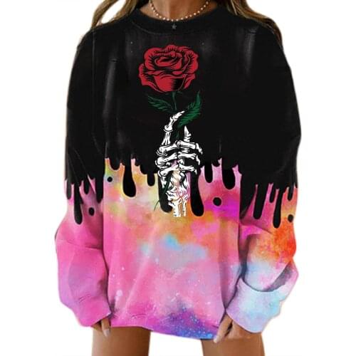 Autumn Harajuku Hoodie Tie Dye Rose Printed Crew Neck Pullover Female Oversized Thicken Long Sleeve Sweater Halloween Sweatshirt