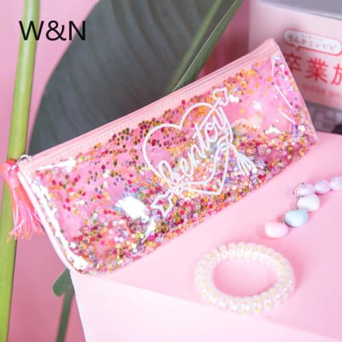 Transparent Pencil Case School Pencil Case For Girls Pink Cute Sequins Pencil Box Pen Pouch Stationery Kawaii Cosmetic Bag Tools