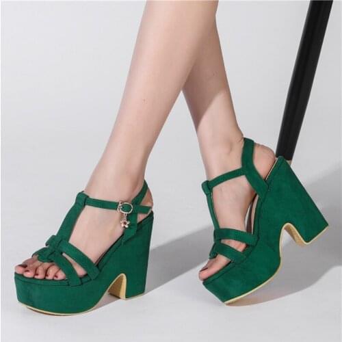 Womens Gladiator Sandals Platform Shoes Sexy Punk Heels Sandals T-Straps Flock Summer Shoes Green Black Party Shoes Female
