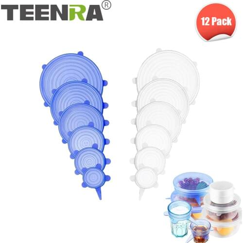 TEENRA 12Pcs Round Silicone Food Cover Reusable Silicone Stretch Lids Kitchen Wrap Seal Fresh Keeping Silicone Caps