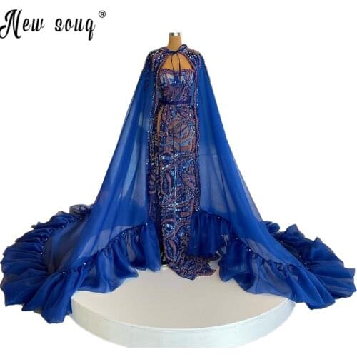 Nigerian Beads Evening Dress with Cloak 2021 Mermaid See Through Prom Gowns Abendkleider Performance Gown African Longue Robes