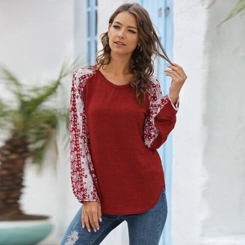 Autumn Winter Vintage Degital Print Chiffon Patchwork T-shirt New Women Lantern Sleeve Casual Loose V-neck Knitted Tee Top